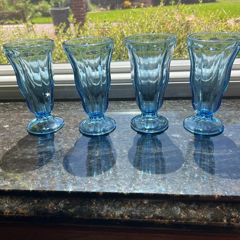 Vintage Set Of Four Anchor Hocking Light Blue Glass Sundae or Milk Shake Glasses